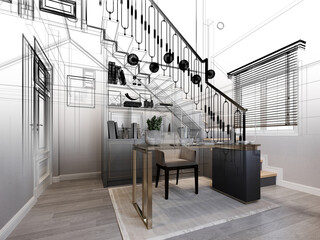 sketch design of interior working room,3d rendering