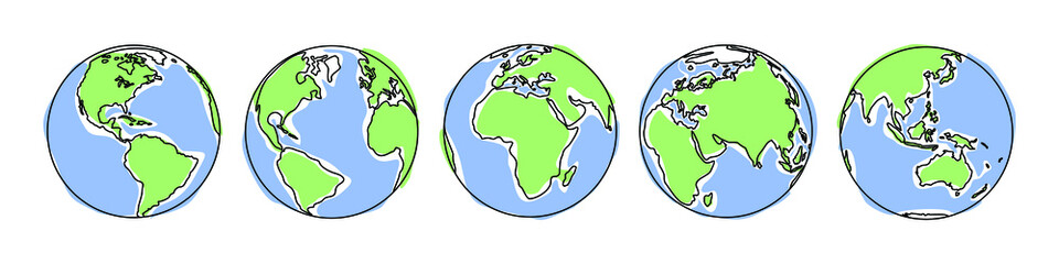 Earth icons set. Earth globe with the contours of the continents from different sides