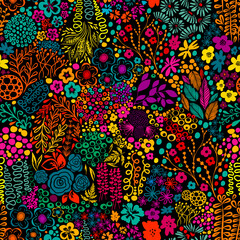 Seamless background from multicolored flowers and butterflies. Beautiful pattern of small beautiful flowers and twigs . Vector illustration