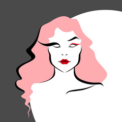 Minimalistic portrait of a woman with long pink hair on the black&white background.
