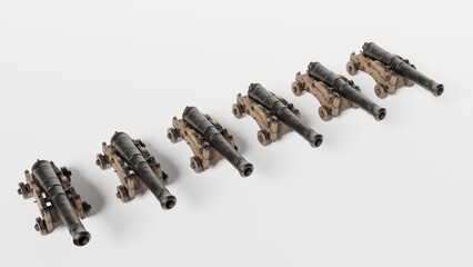 Ancient guns with black barrels lined up in a row on a white plane, top view