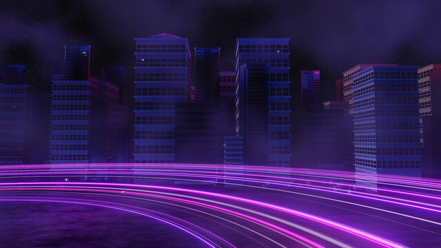 3d render of Cyber punk night city landscape concept. Light glowing on dark scene.  Night life. Technology network for 5g. Beyond generation and futuristic of Sci-Fi Capital city and building scene.