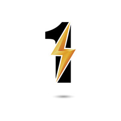 Number one 1 ThunderBolt Logo Design Concept in Black and Yellow. Numeric Flash Icon.