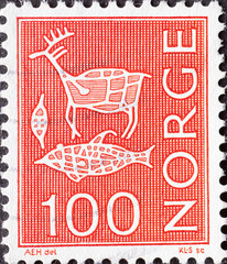 Norway - circa 1963: a postage stamp from Norway, showing Prehistory, Rock Art and Cave Paintings,...