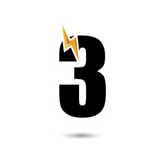 Number three 3 ThunderBolt Logo Design Concept in Black and Yellow. Numeric Flash Icon.