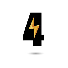 Number four 4 ThunderBolt Logo Design Concept in Black and Yellow. Numeric Flash Icon.