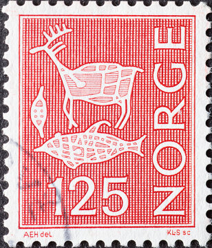Norway - circa 1963: a postage stamp from Norway, showing Prehistory, Rock Art and Cave Paintings, Stylized Animals