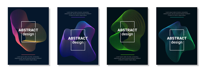 Vector technology abstract brochure, cover, flyer templates with dynamic amorphous vector flowing gradient particle water curve waves and modern organic lines. Retro futurism geometric, cyberpunk.