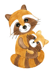 Watercolor illustration of mother's day. Raccoon hug. Cute animal, mother and son for cards, poster, print.