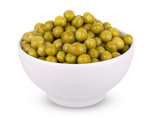 Marinated green peas in bowl isolated on white background