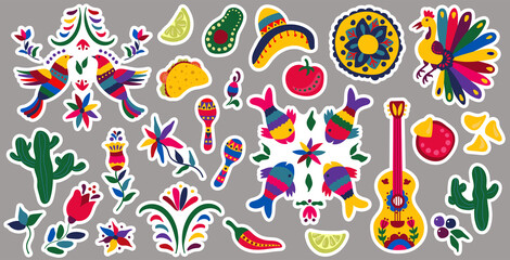 Set of stickers for the holiday Cinco de Mayo. Hand-drawn style.