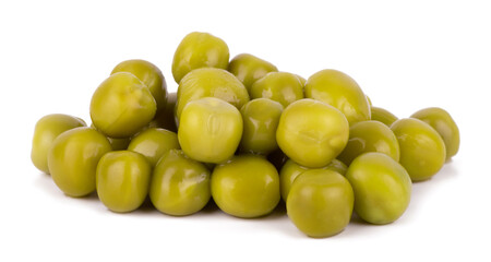 Green canned peas isolated on white background close up