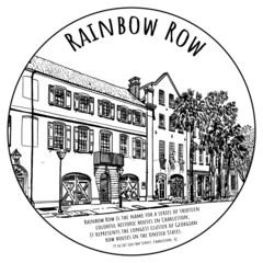 Fototapeta premium Black and white drawing of the Rainbow Row – series of thirteen colorful historic houses in Charleston. The longest cluster of Georgian row houses in the United States.