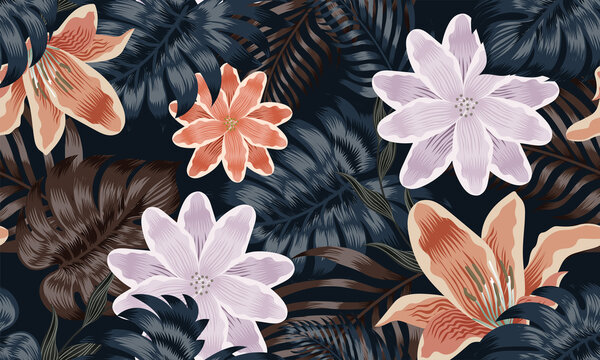 Seamless pattern flower and leaf on black background. Vector illustration.