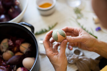 Beautiful Traditional Easter Process of Colouring Chicken Eggs by Mid Adult Womans Hands