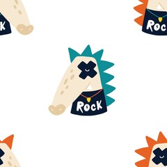 Crocodile rock star animal seamless pattern. Hand drawn colorful doodle cartoon character in rock accessories. Ideal for baby clothes, textiles, wallpaper, wrapping paper.