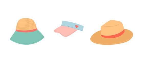 Summer set of hats, flat design, vector