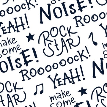 Cute rock graffiti lettering seamless pattern. Hand drawn monochrome black and white doodle cartoon letters. Ideal for baby clothes, textiles, wallpaper, wrapping paper.