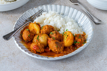 Sausage meatballs and potatoes in curry sauce with rice