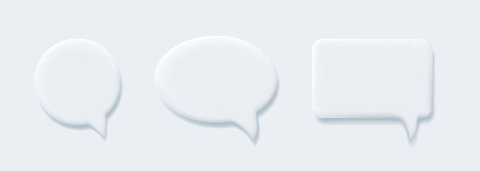 Speech bubble 3d. Callout. Speech balloon soft clay. Dialogue Clouds set. Vector clipart isolated on gray background.