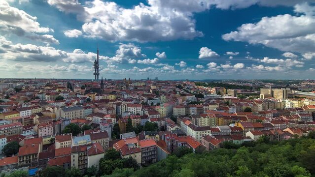 Timelapse view from the top of the Vitkov Memorial on the Prague landscape with the famous Zizkov TV tower on the horizon