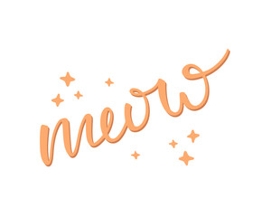 Handwritten inscription "meow". Bright orange vector illustration isolated on a white background.