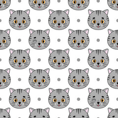 Seamless vector pattern with cute kittens' heads and dots.