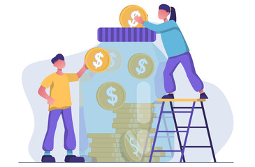 Money saving. People put money in the jar. The piggy bank