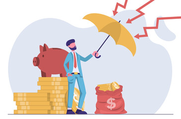 Money saving. A businessman with an umbrella protects his money