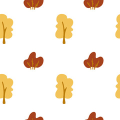 Pretty autumn forest seamless pattern with tree and bushe in yellow and red colors. Vector nature illustration. Cute forest design for textile, wallpaper, fabric.