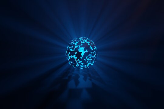Sphere with triangular holes with white or blue light on a black background, mystical illustration, technological concept, 3D rendering