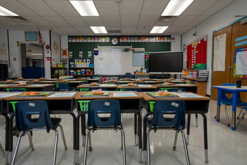 Wide angle view of empty elementary school classroom in the US.