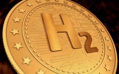 Hydrogen H2 symbol golden coin 3d illustration