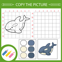 Kids education game. Copy drawing of killer whale. Kids draw lesson. Children activity page and worksheet with fun riddle. © Betswork
