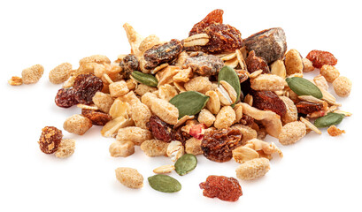 Nuts and seeds isolated over the white background. Creative layout made of granola or muesli Flat...