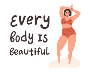 A beautiful plump woman stands in a swimsuit in a sexy pose. Everybody is beautiful. Drawing on the theme of body positivity and female appearance. Flat vector illustration.