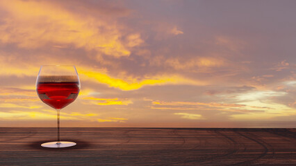 Red wine in a transparent wine glass on a wooden table with sea and twilight sky in an evening (3D Rendering)
