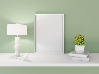 Blank vertical frame mockup, ornamental plant on books and table lamp. 3d rendering, interior design, 3d illustration