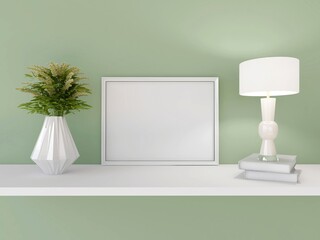Blank horizontal frame mockup, ornamental plant and table lamp. 3d rendering, interior design, 3d illustration