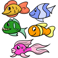 Collection of cartoon colorful happy fish from the aquarium and the ocean, exotic fish, cartoon fish