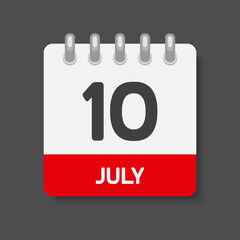 Icon day date 10 July, template calendar page