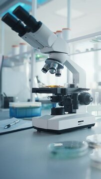 Vertical Video: Modern Medical Research Laboratory with Computer, Microscope, Glassware with Biochemicals on the Desk. Scientific Lab Biotechnology Development Center Full of High-Tech Equipment