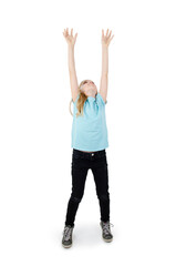 Cute girl trying to catch something, isolated on white background