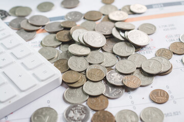 Russian rubles coins pile up on an investor's desk