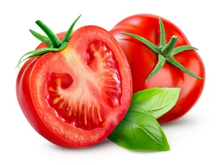 Fotobehang Tomato isolated. Tomato whole, half, on white background. Tomatoes with green basil leaves. Clipping path. Full depth of field. © Tim UR