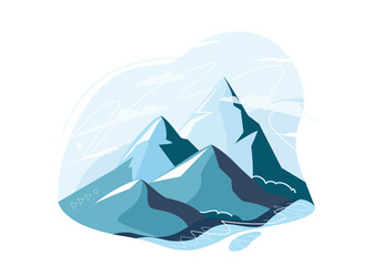 Mountain, hill and peak vector illustration isolated on white background. Nature landscape with sky, lake, mountains. Hiking, climbing design