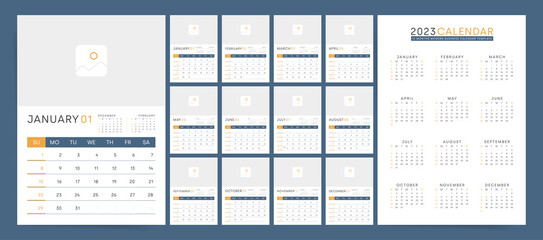 Calendar template for 2023 year. Week starts on Sunday. Wall planner with photo image. Corporate or business calendar. 2023 calendar in minimal business style for. English vector calendar.