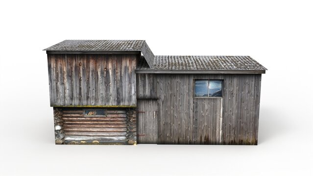 Old village shed render on a white background. 3D rendering