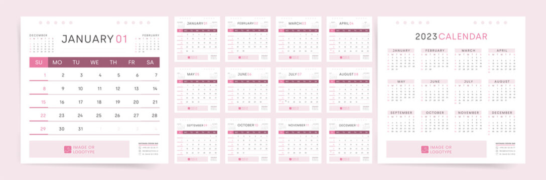 2023 Calendar square template design. Week starts on Sunday. Pink office calendar for businesswoman. Desktop square planner in simple clean style. Corporate or business calendar. Vector layout.	