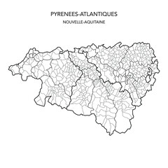 Map of the Geopolitical Subdivisions of The Département Des Pyrénées Atlantiques Including Arrondissements, Cantons and Municipalities as of 2022 - Nouvelle Aquitaine - France